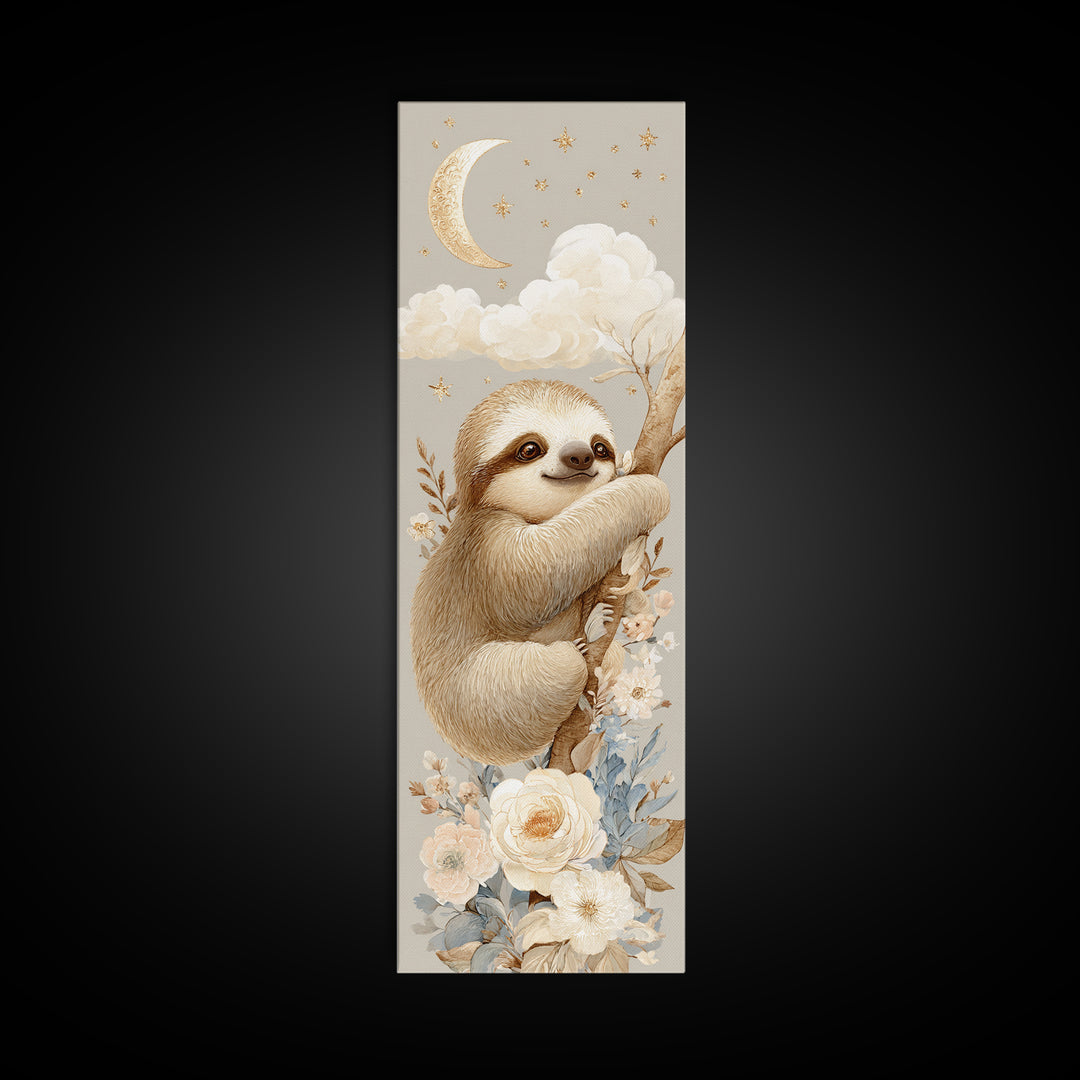 Sleepy Sloth Hanging from Branch Canvas Print, Nursery Decor, Neutral Decor, Oil Painting, Nursery, Home Decor, Wall Decor, NDE-1x3-18