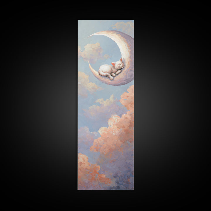 Sleeping Kitten on Crescent Moon Framed Canvas Print, Nursery Decor, Textured Painting, Fine Art, Nursery, Bedroom Decor, NDE-1x3-29