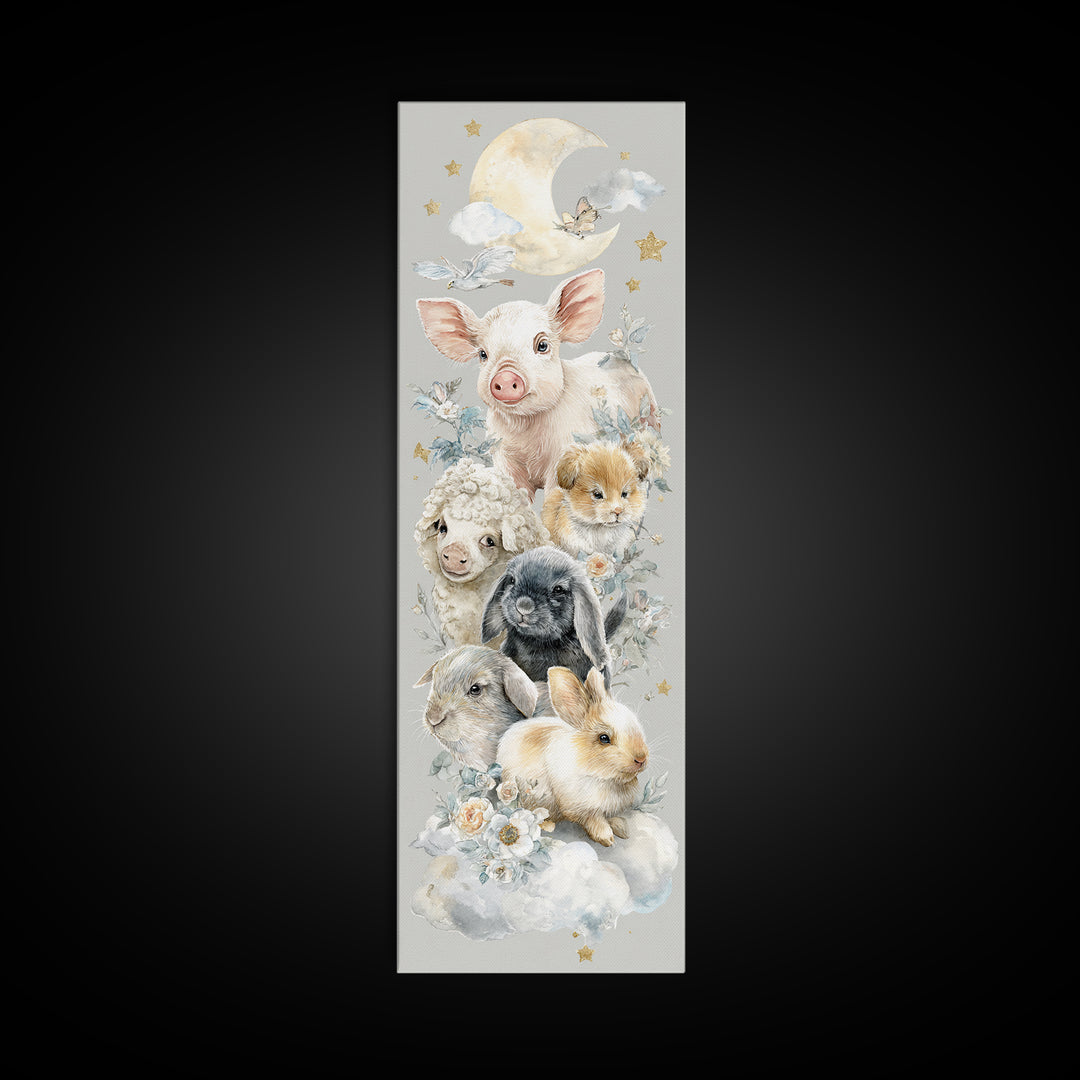 Farm Animals in Soft Watercolor Style Framed Canvas Print, Nursery Decor, Nursery Wall Decal, Oil Painting, Nursery, NDE-1x3-30