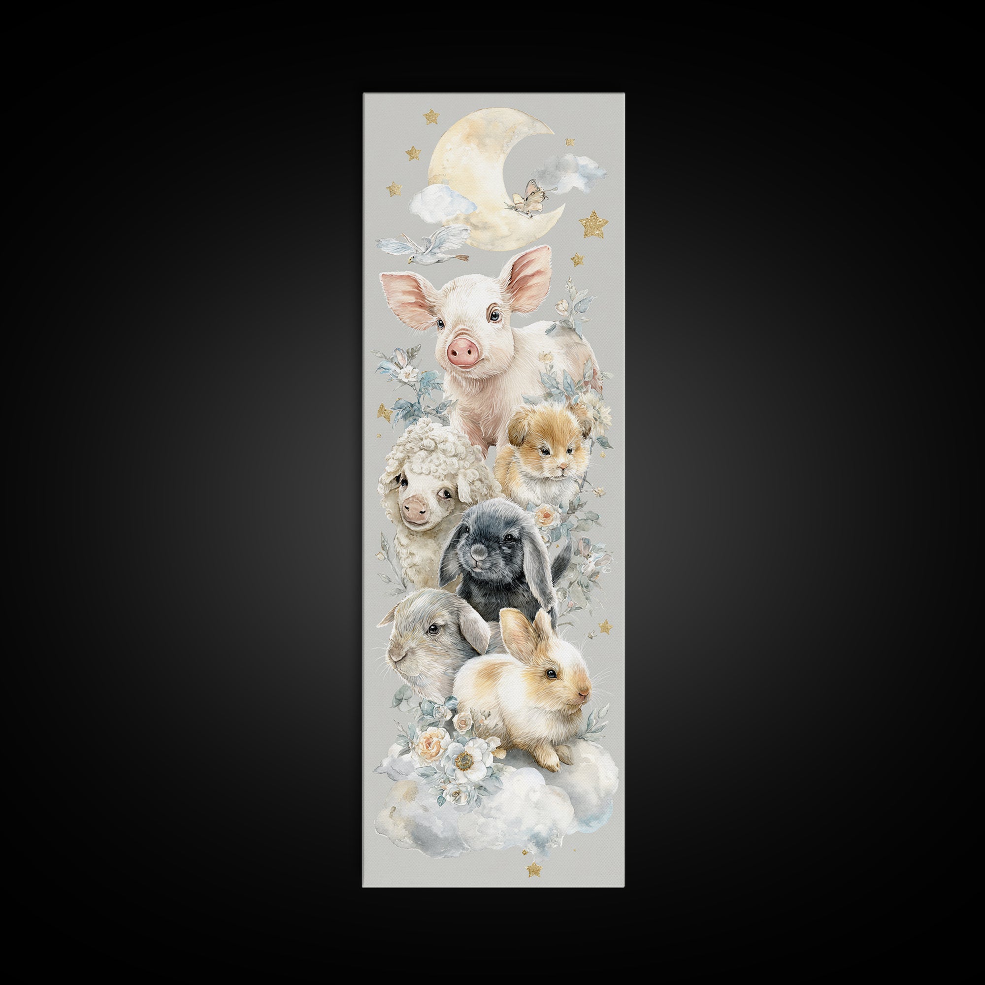 Farm Animals in Soft Watercolor Style Framed Canvas Print, Nursery Decor, Nursery Wall Decal, Oil Painting, Nursery, NDE-1x3-30