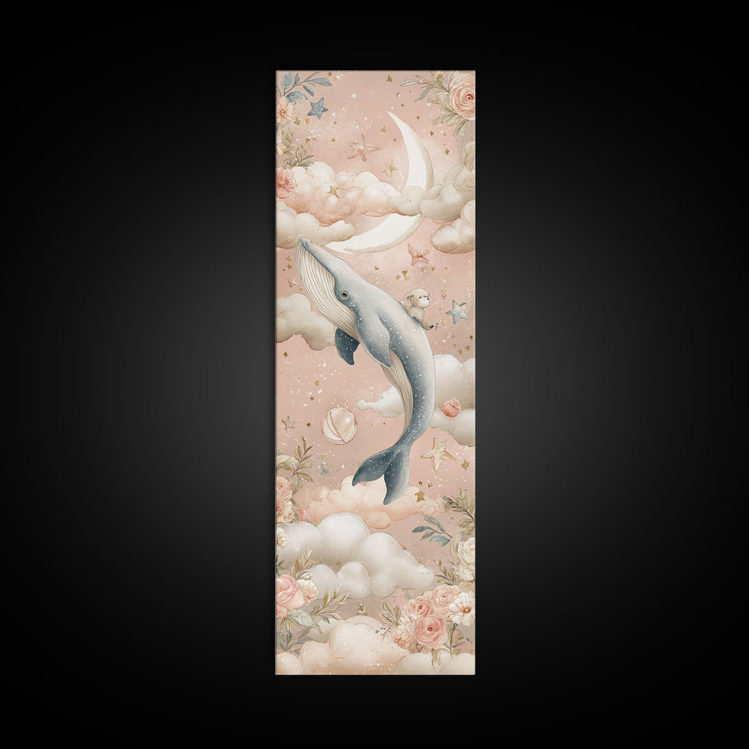 Baby Whale Swimming Through Stars Canvas Print, Nursery Decor, Framed Wall Art, Fine Art, Nursery, Safari Nursery Decor, NDE-1x3-44