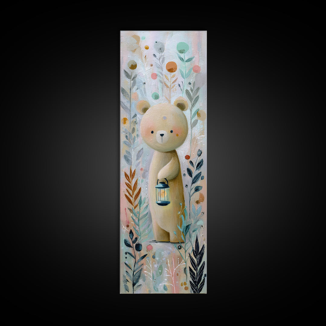 Storybook Bear with Little Lantern Framed Canvas Print, Nursery Decor, Wall Art, Oil Painting, Nursery, Nursery Wall Decor, NDE-1x3-45