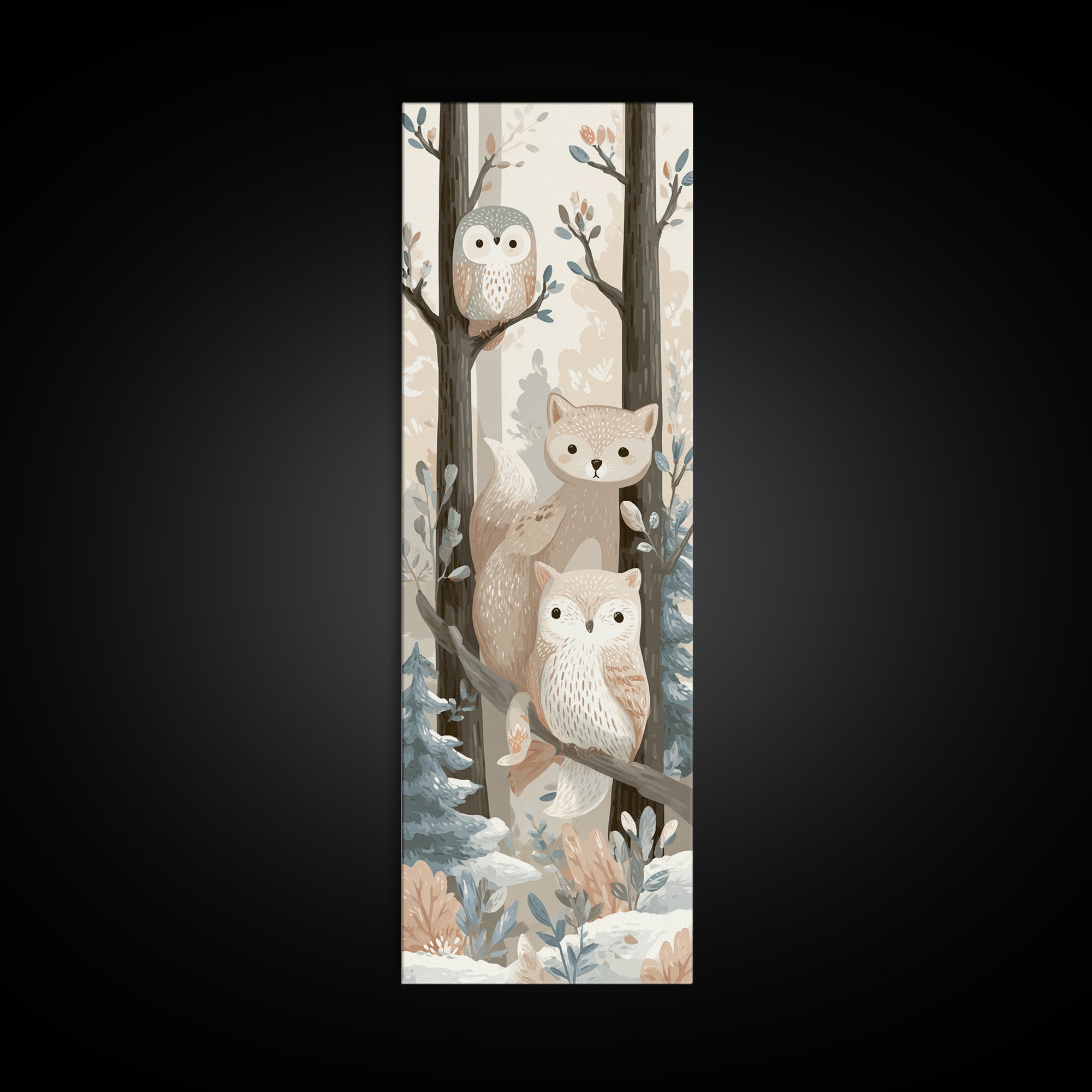 Fox and Owl Friends Framed Canvas Print, Nursery Decor, Fine Art Print, Fine Art, Nursery, Printable Wall Art, Nursery Wall Art, NDE-1x3-50