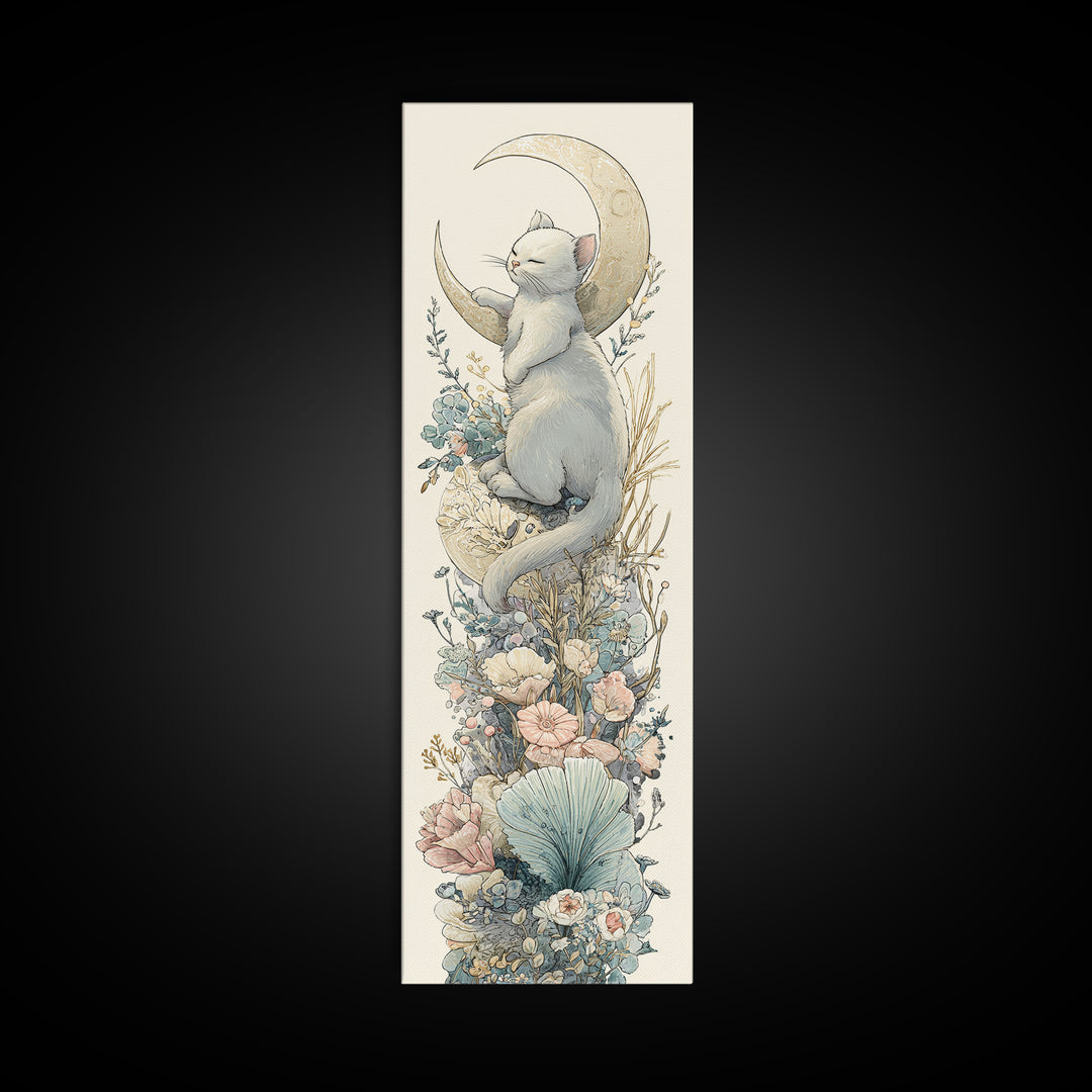 Sleeping Kitten on Crescent Moon Framed Canvas Print, Nursery Decor, Textured Painting, Fine Art, Nursery, Bedroom Decor, NDE-1x3-53