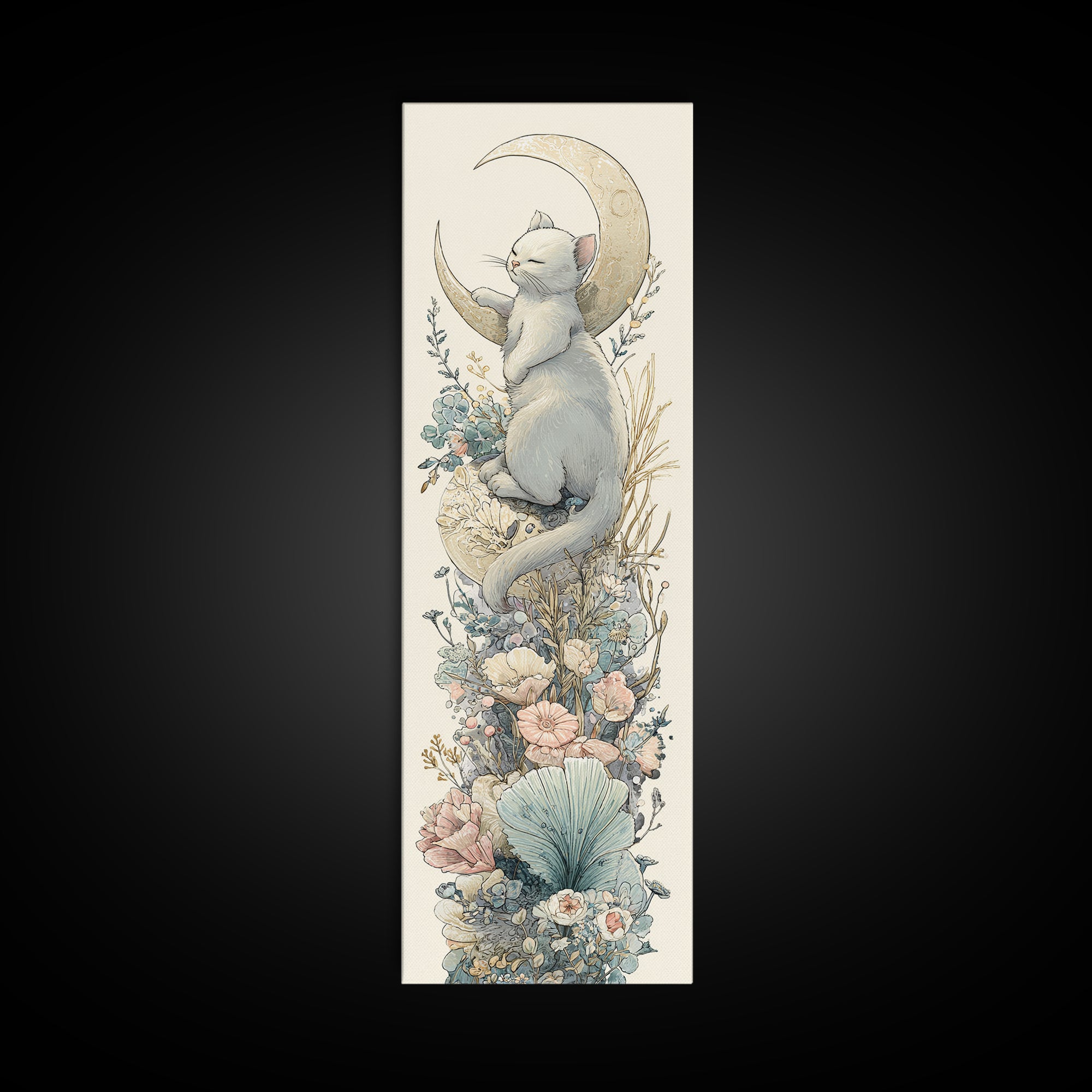 Sleeping Kitten on Crescent Moon Framed Canvas Print, Nursery Decor, Textured Painting, Fine Art, Nursery, Bedroom Decor, NDE-1x3-53