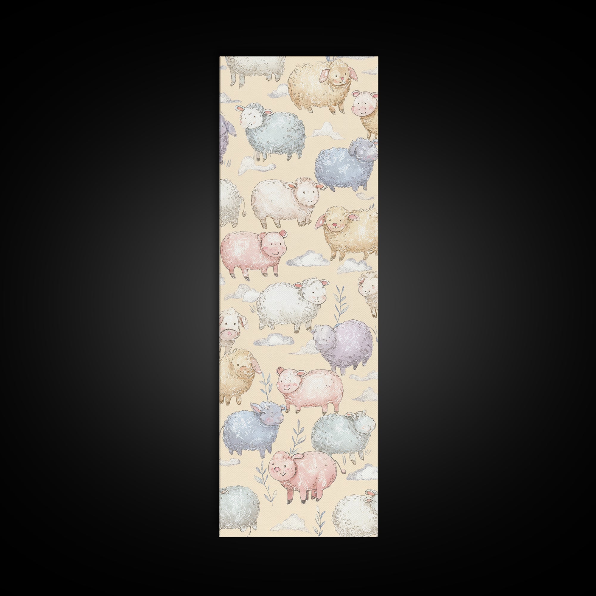Farm Animals in Soft Watercolor Style Framed Canvas Print, Nursery Decor, Nursery Wall Decal, Oil Painting, Nursery, NDE-1x3-54