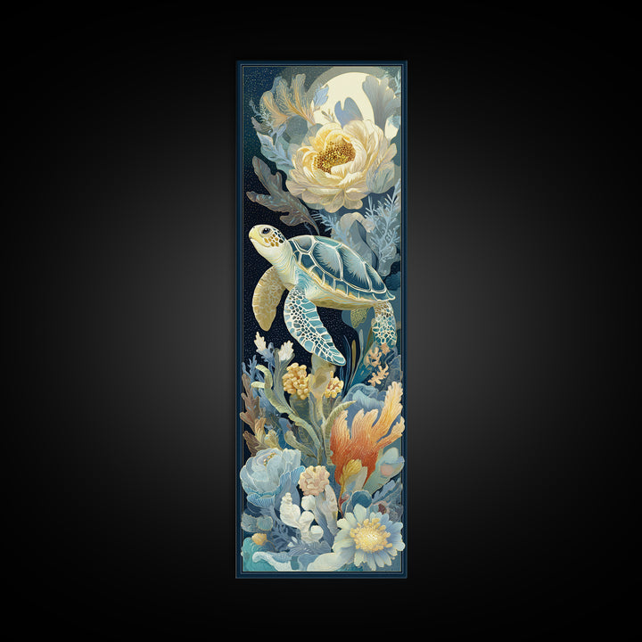 Tiny Turtle with Sea Plants Canvas Print, Nursery Decor, Floral Wallpaper, Oil Painting, Nursery, Fine Art Print, NDE-1x3-55