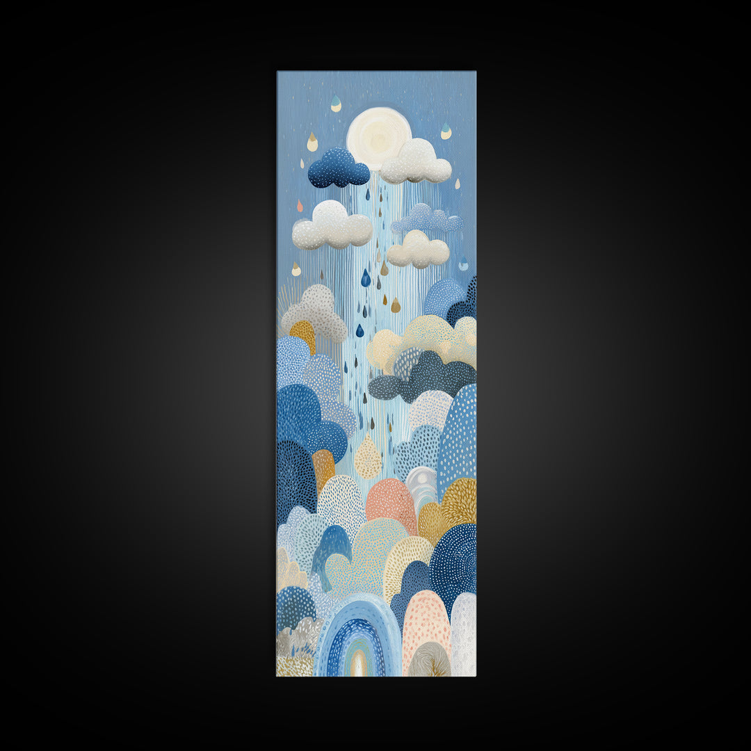 Cloud Rainbow and Raindrop Composition Framed Canvas Print, Nursery Decor, Wall Light, Fine Art, Nursery, Statement Artwork, NDE-1x3-80