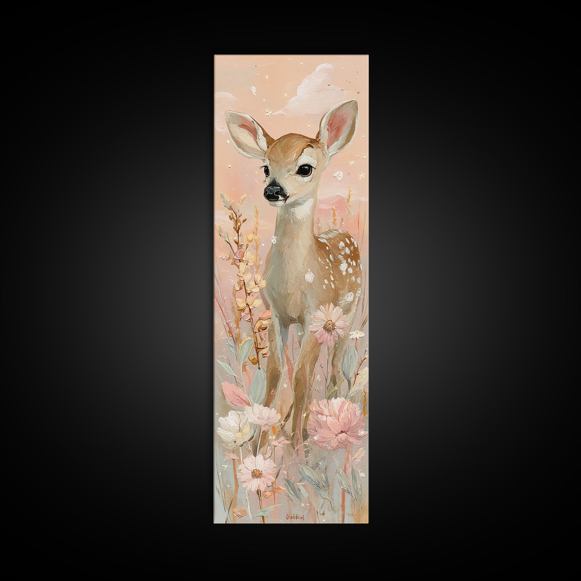 Baby Deer in Meadow with Fireflies Canvas Print, Nursery Decor, Boho Decor, Nursery, Nursery Wall Art, Framed Wall Art, NDE-1x3-82