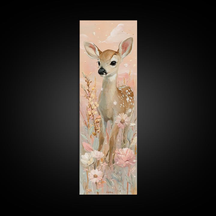 Baby Deer in Meadow with Fireflies Canvas Print, Nursery Decor, Boho Decor, Nursery, Nursery Wall Art, Framed Wall Art, NDE-1x3-82