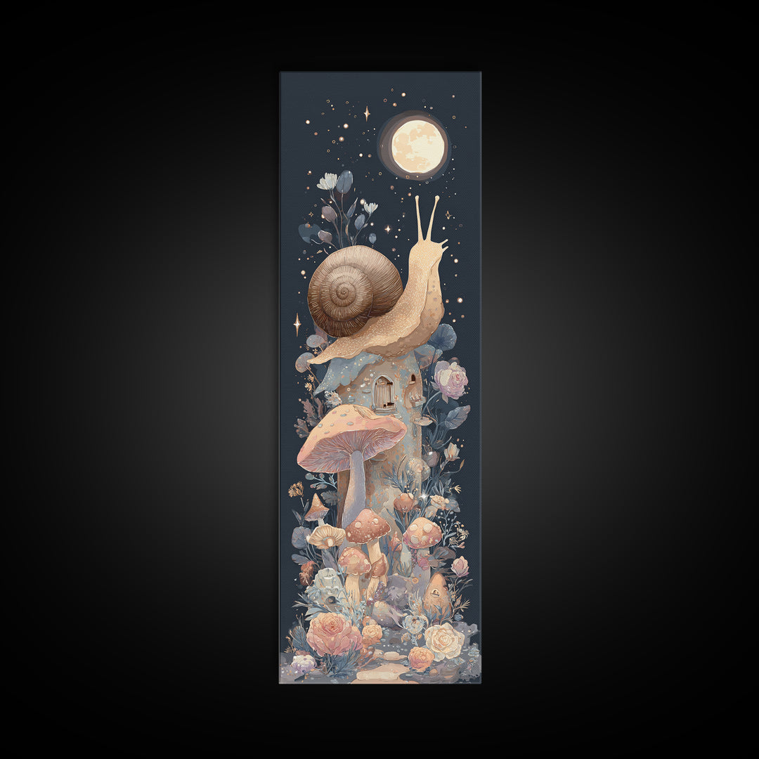 Garden Snail with Mushroom House Framed Canvas Print, Nursery Decor, Woodland Nursery, Watercolor Art, Nursery, NDE-1x3-83