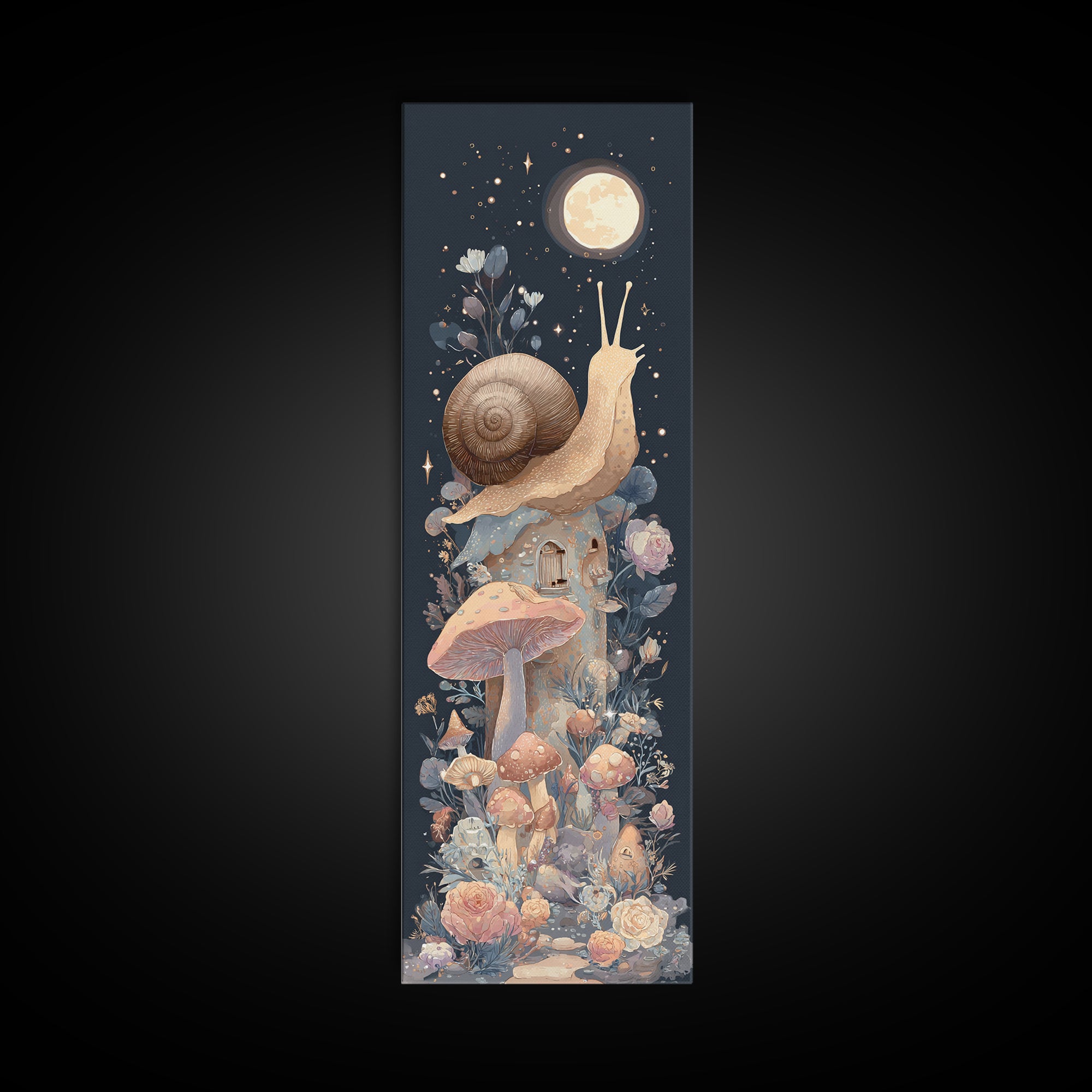 Garden Snail with Mushroom House Framed Canvas Print, Nursery Decor, Woodland Nursery, Watercolor Art, Nursery, NDE-1x3-83