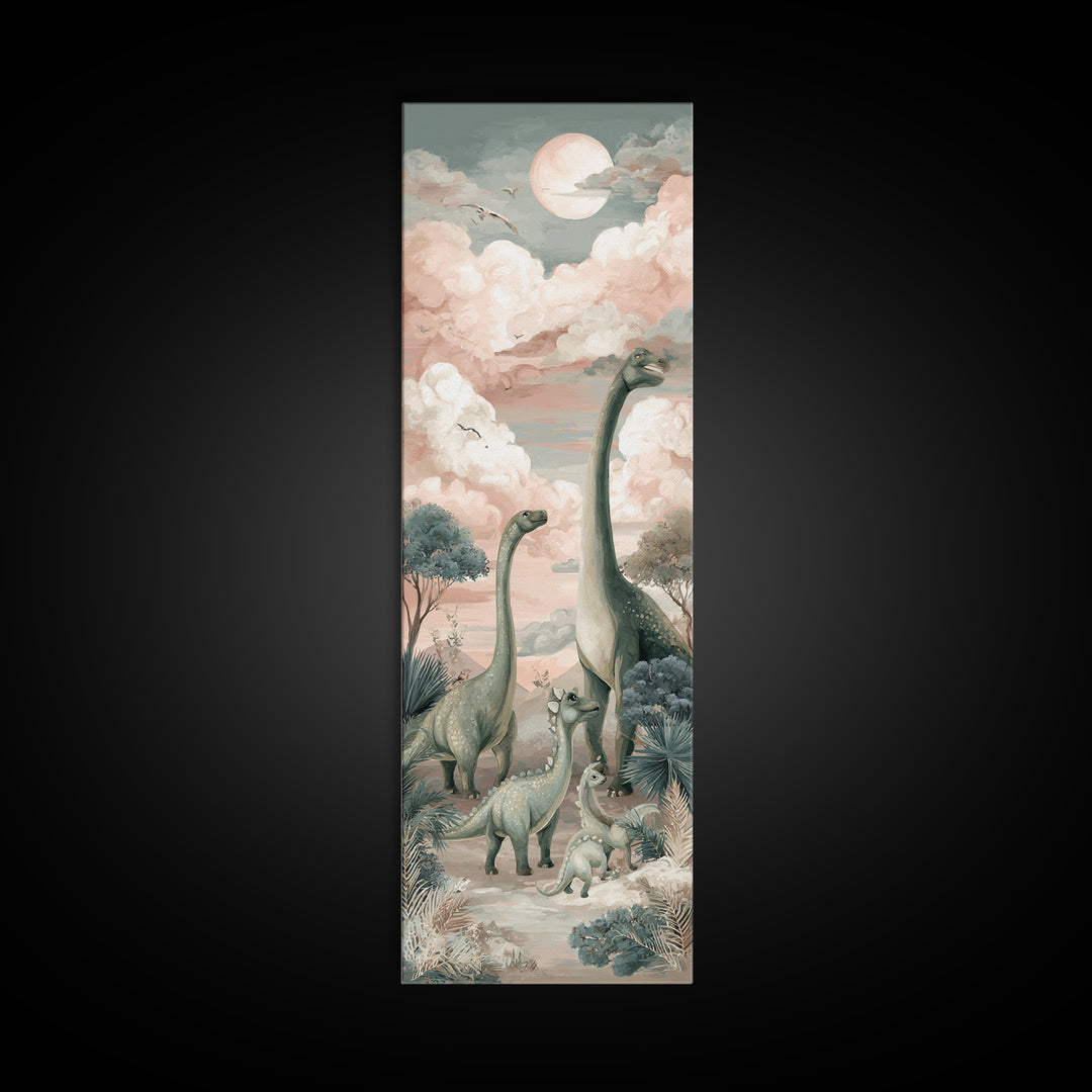 Gentle Dinosaur Family Framed Canvas Print, Nursery Decor, Boho Decor, Oil Painting, Nursery, Nursery Wall Art, Framed Wall Art, NDE-1x3-91