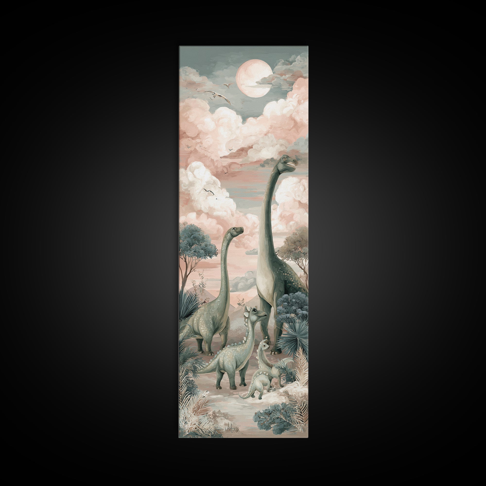 Gentle Dinosaur Family Framed Canvas Print, Nursery Decor, Boho Decor, Oil Painting, Nursery, Nursery Wall Art, Framed Wall Art, NDE-1x3-91
