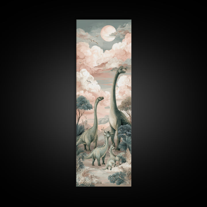 Gentle Dinosaur Family Framed Canvas Print, Nursery Decor, Boho Decor, Oil Painting, Nursery, Nursery Wall Art, Framed Wall Art, NDE-1x3-91