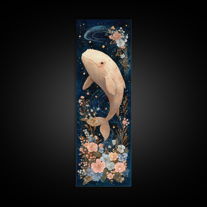 Baby Whale Swimming Through Stars Framed Canvas Print, Nursery Decor, Nursery Name Sign, Fine Art, Nursery, Luxury Decor, NDE-1x3-92