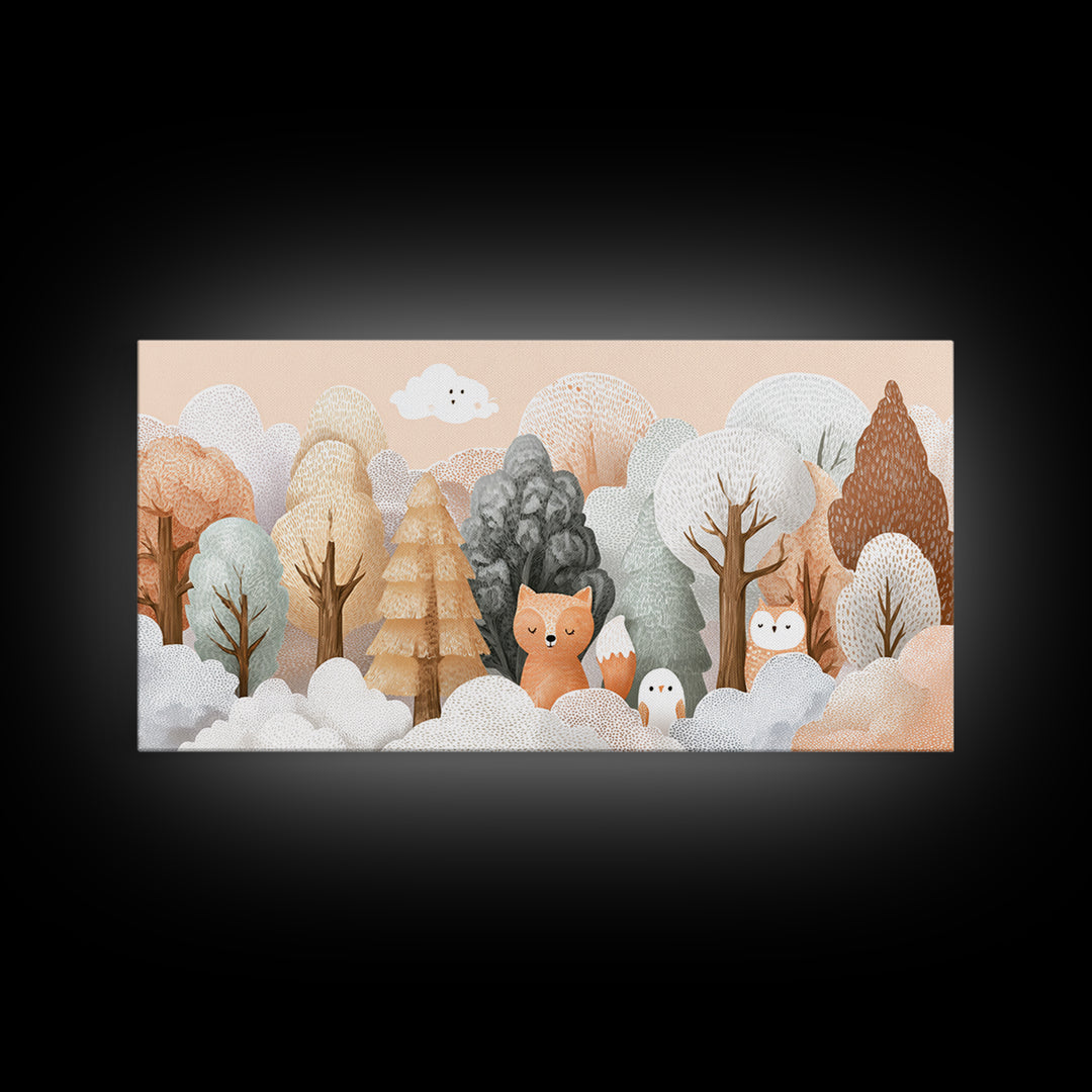 Fox and Owl Friends Framed Canvas Print, Nursery Decor, Contemporary Art, Fine Art, Nursery, Wall Decals, Nursery Wall Decor, NDE-2x1-10