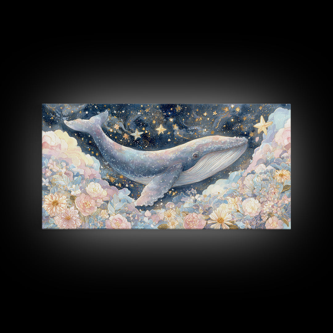 Baby Whale Swimming Through Stars Framed Canvas Print, Nursery Decor, Wall Light, Fine Art, Nursery, Statement Artwork, NDE-2x1-100