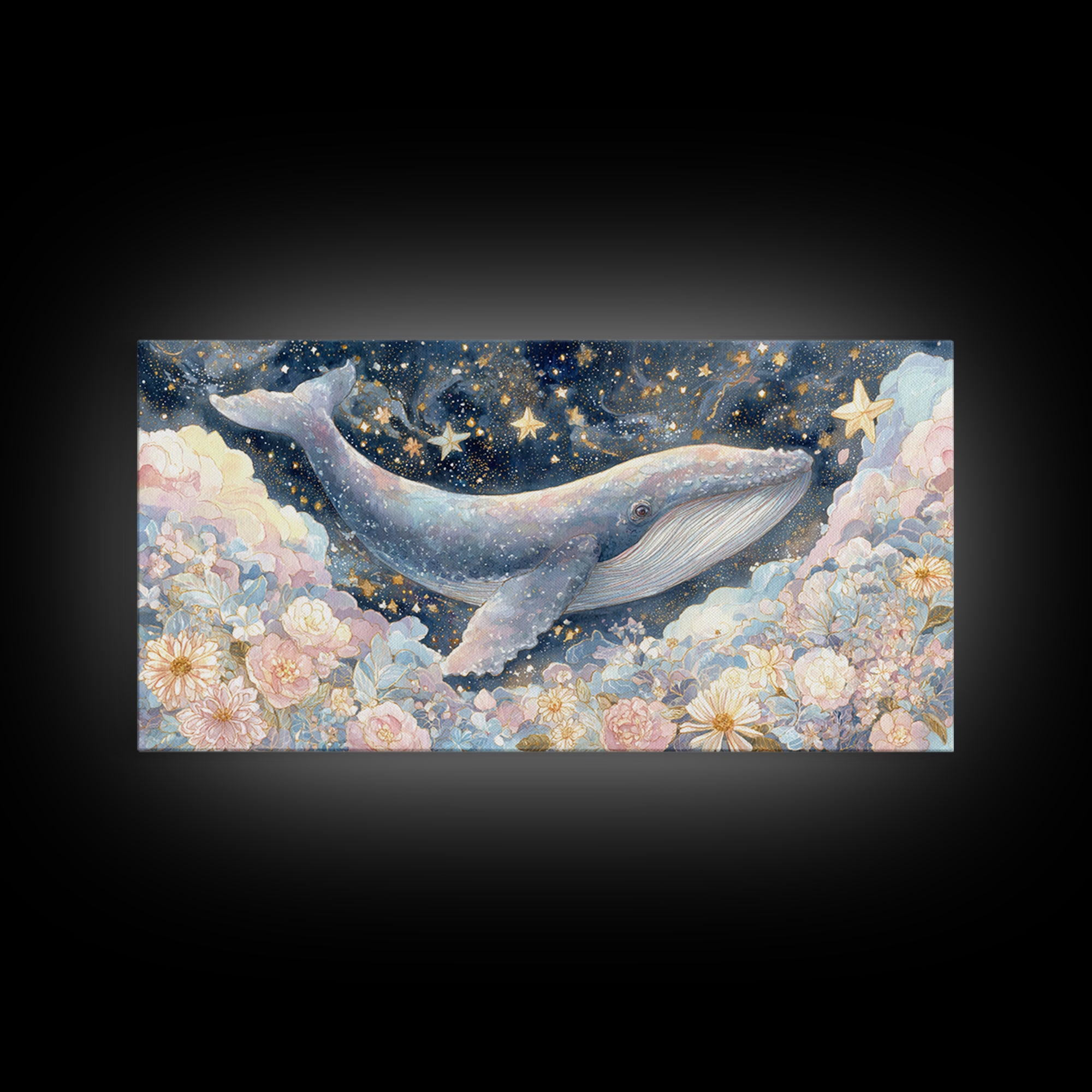 Baby Whale Swimming Through Stars Framed Canvas Print, Nursery Decor, Wall Light, Fine Art, Nursery, Statement Artwork, NDE-2x1-100