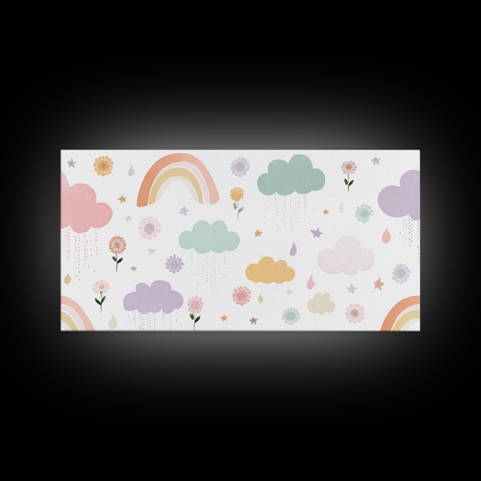 Cloud Rainbow and Raindrop Composition Framed Canvas Print, Nursery Decor, Fine Art Print, Fine Art, Nursery, NDE-2x1-16