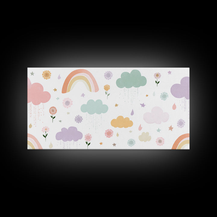 Cloud Rainbow and Raindrop Composition Framed Canvas Print, Nursery Decor, Fine Art Print, Fine Art, Nursery, NDE-2x1-16