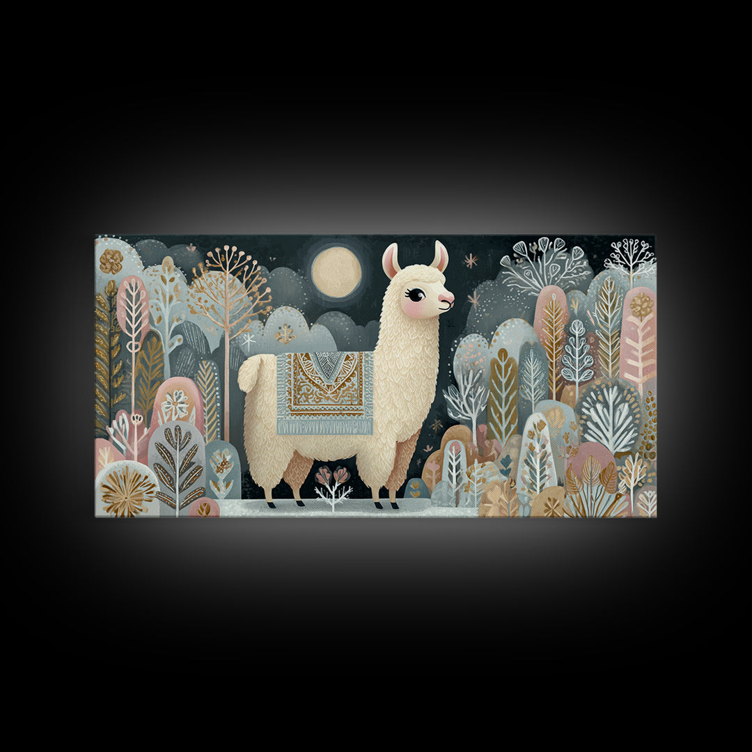 Cute Llama with Blanket Pattern Canvas Print, Nursery Decor, Nursery, Floral Wall Art, Botanical Wall Art, Floral Wallpaper, NDE-2x1-17