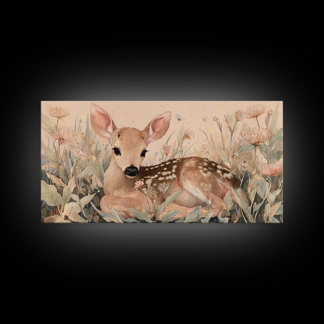 Baby Deer in Meadow with Fireflies Framed Canvas Print, Nursery Decor, Room Decor, Fine Art, Nursery, Framed Wall Art, NDE-2x1-18