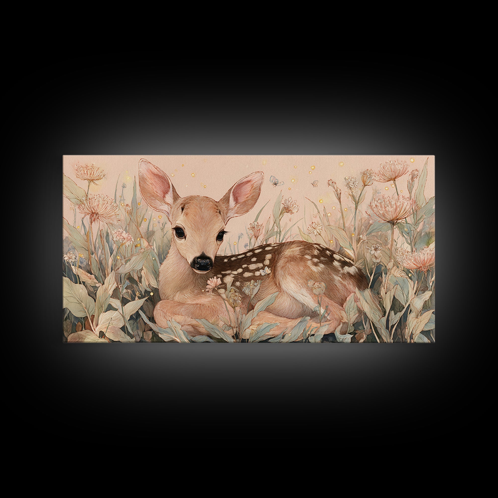 Baby Deer in Meadow with Fireflies Framed Canvas Print, Nursery Decor, Room Decor, Fine Art, Nursery, Framed Wall Art, NDE-2x1-18