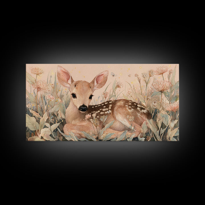 Baby Deer in Meadow with Fireflies Framed Canvas Print, Nursery Decor, Room Decor, Fine Art, Nursery, Framed Wall Art, NDE-2x1-18