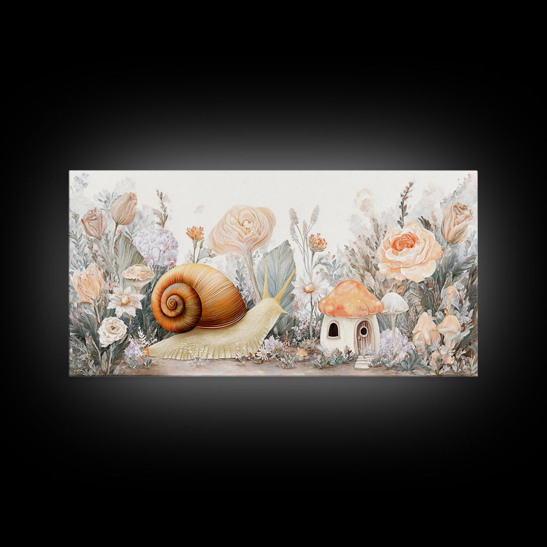Garden Snail with Mushroom House Framed Canvas Print, Nursery Decor, Woodland Nursery, Watercolor Art, Nursery, NDE-2x1-19