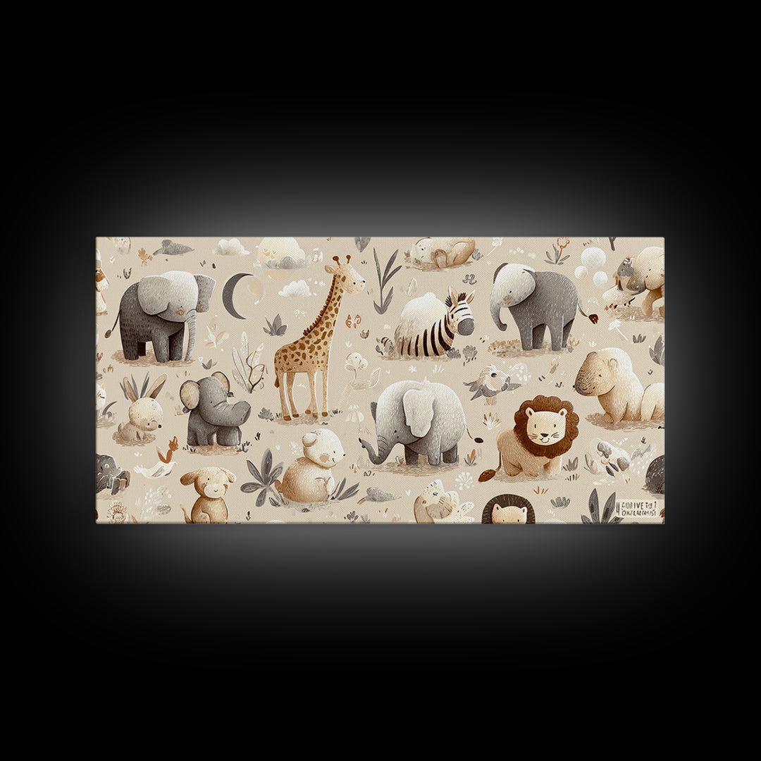 Cute Safari Animals Framed Canvas Print, Nursery Decor, Minimalist Decor, Fine Art, Nursery, Wall Decals, Nursery Wall Decor, NDE-2x1-24