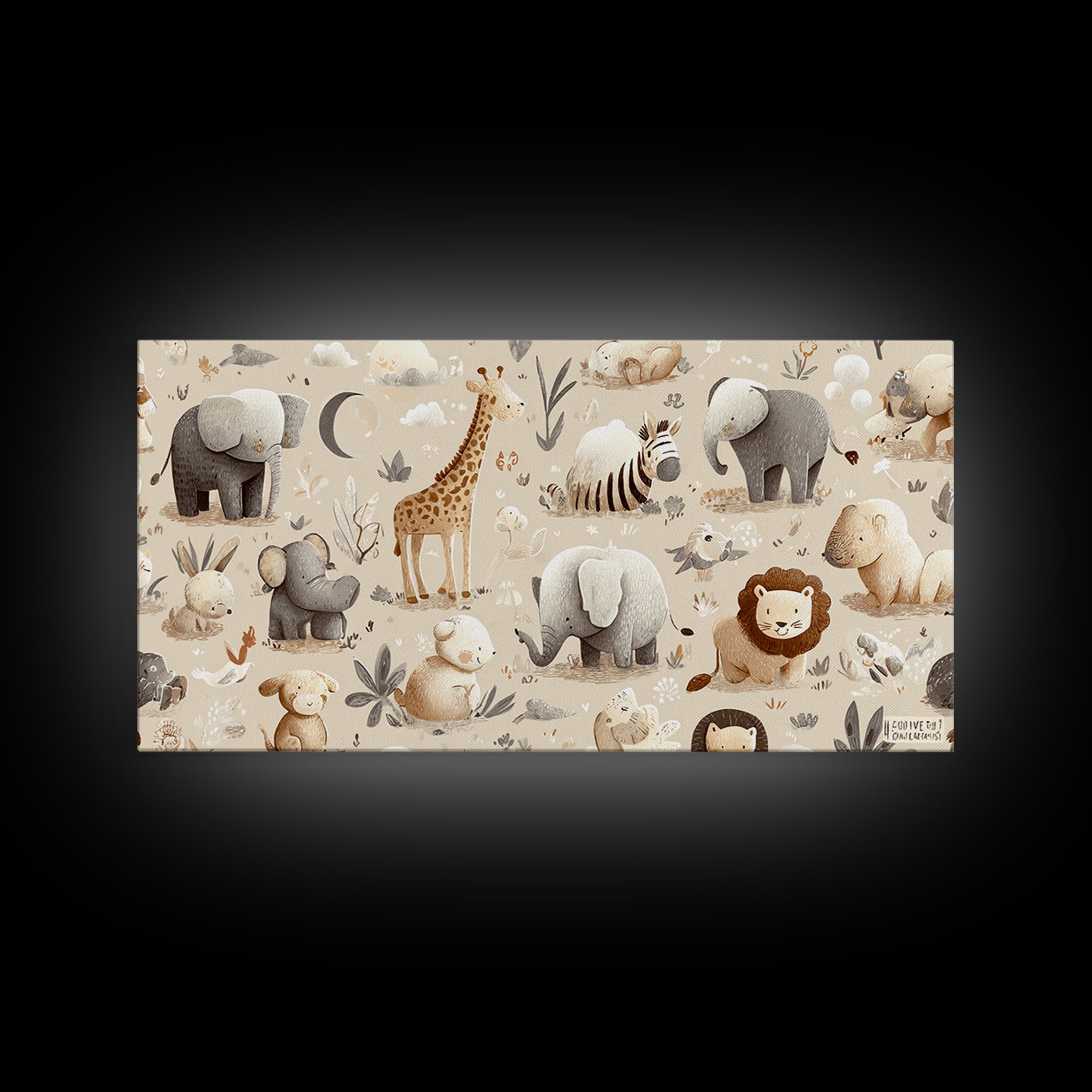 Cute Safari Animals Framed Canvas Print, Nursery Decor, Minimalist Decor, Fine Art, Nursery, Wall Decals, Nursery Wall Decor, NDE-2x1-24