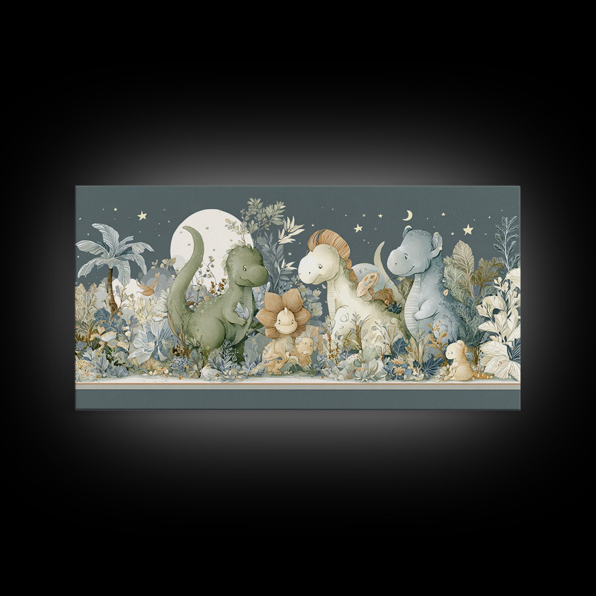 Gentle Dinosaur Family Framed Canvas Print, Nursery Decor, Boho Decor, Oil Painting, Nursery, Nursery Wall Art, Framed Wall Art, NDE-2x1-27
