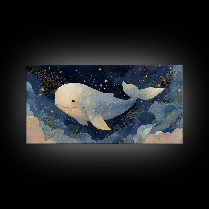Baby Whale Swimming Through Stars Framed Canvas Print, Nursery Decor, Contemporary Art, Fine Art, Nursery, Wall Decals, NDE-2x1-28