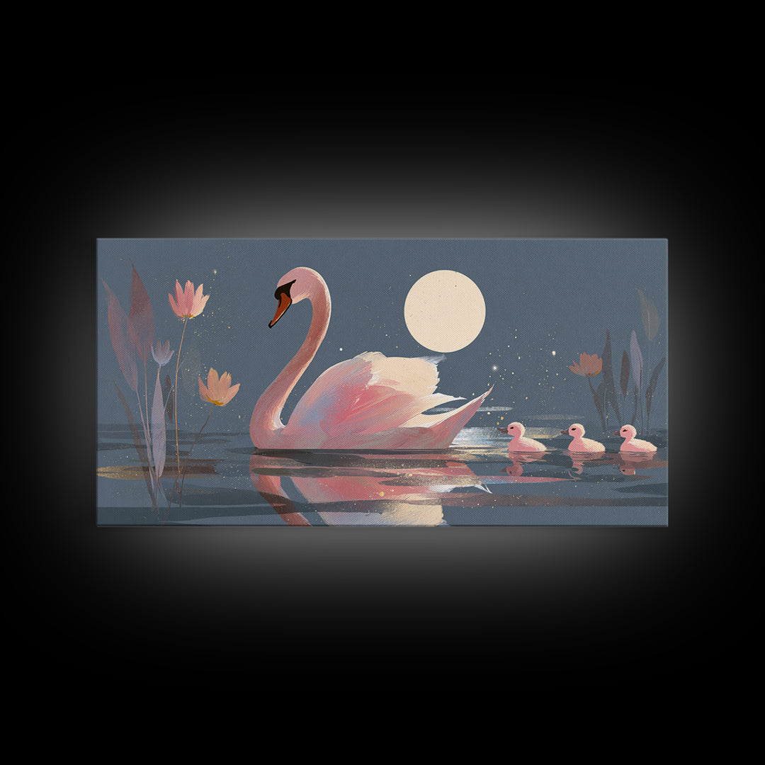 Pink Swan on Calm Pond Framed Canvas Print, Nursery Decor, Printable Wall Art, Nursery, Nursery Prints, Playroom Decor, NDE-2x1-33