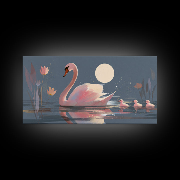 Pink Swan on Calm Pond Framed Canvas Print, Nursery Decor, Printable Wall Art, Nursery, Nursery Prints, Playroom Decor, NDE-2x1-33
