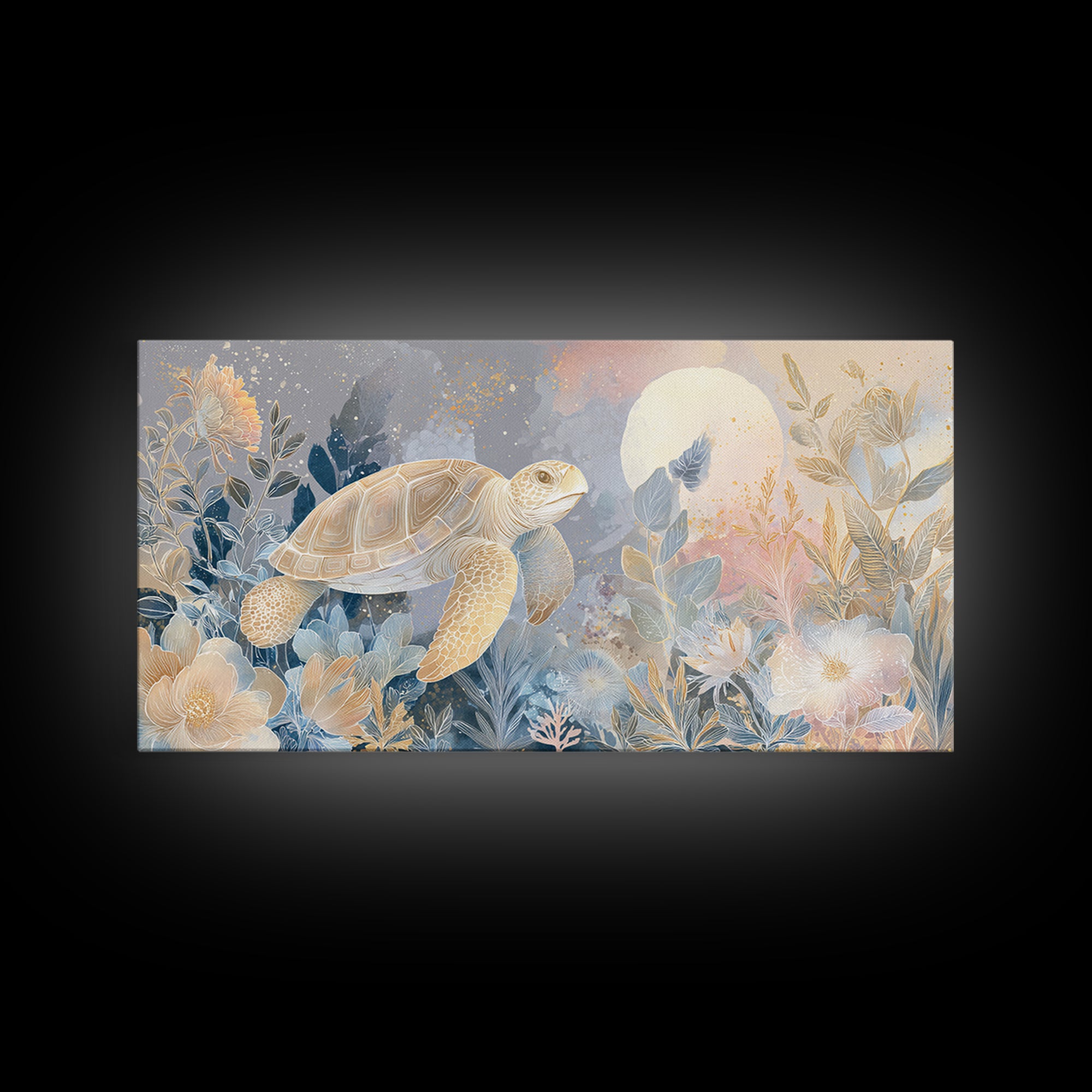 Tiny Turtle with Sea Plants Canvas Print, Nursery Decor, Nursery Wall Art, Oil Painting, Nursery, Botanical Wall Art, NDE-2x1-39