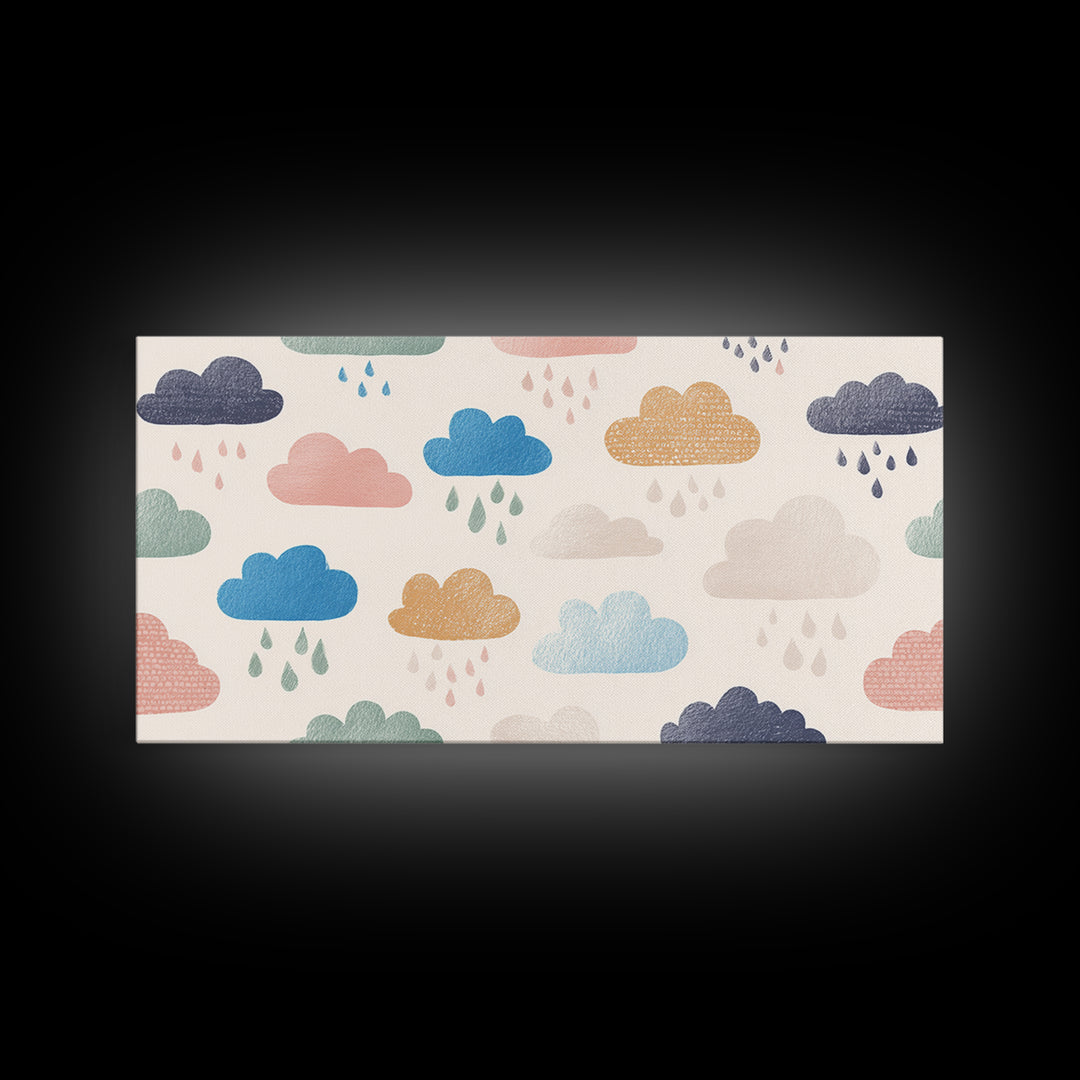 Cloud Rainbow and Raindrop Composition Framed Canvas Print, Nursery Decor, Wall Decor, Nursery, Woodland Nursery Decor, NDE-2x1-40
