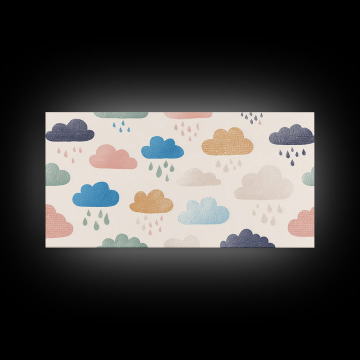 Cloud Rainbow and Raindrop Composition Framed Canvas Print, Nursery Decor, Wall Decor, Nursery, Woodland Nursery Decor, NDE-2x1-40