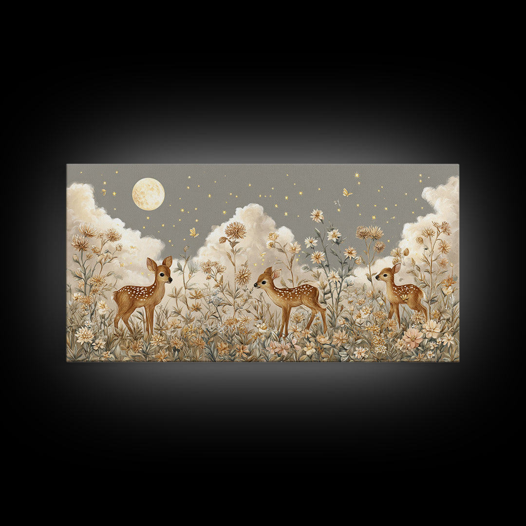 Baby Deer in Meadow with Fireflies Framed Canvas Print, Nursery Decor, Room Decor, Fine Art, Nursery, Framed Wall Art, NDE-2x1-42
