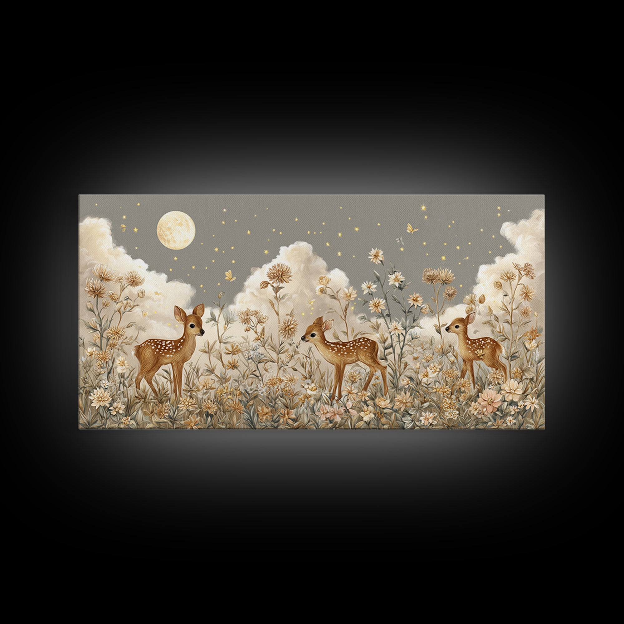 Baby Deer in Meadow with Fireflies Framed Canvas Print, Nursery Decor, Room Decor, Fine Art, Nursery, Framed Wall Art, NDE-2x1-42