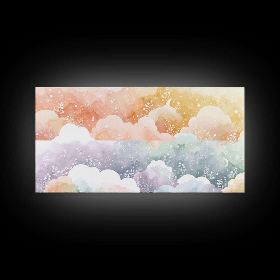 Pastel Rainbow with Soft Cloud Shapes Framed Canvas Print, Nursery Decor, Nursery Wall Decor, Nursery, Nursery Name Sign, NDE-2x1-45