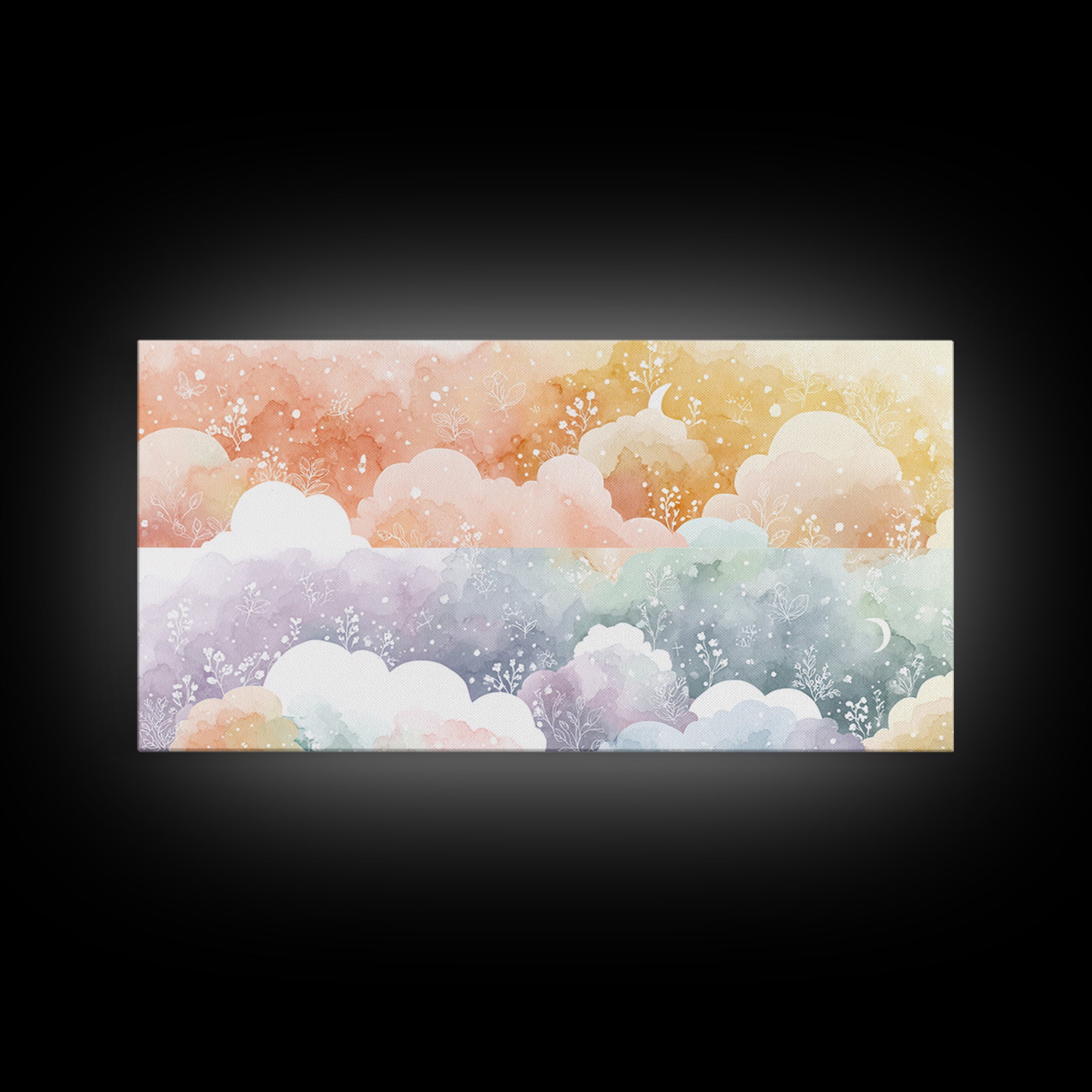 Pastel Rainbow with Soft Cloud Shapes Framed Canvas Print, Nursery Decor, Nursery Wall Decor, Nursery, Nursery Name Sign, NDE-2x1-45