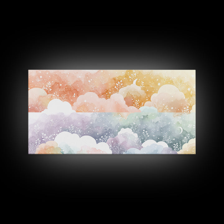 Pastel Rainbow with Soft Cloud Shapes Framed Canvas Print, Nursery Decor, Nursery Wall Decor, Nursery, Nursery Name Sign, NDE-2x1-45