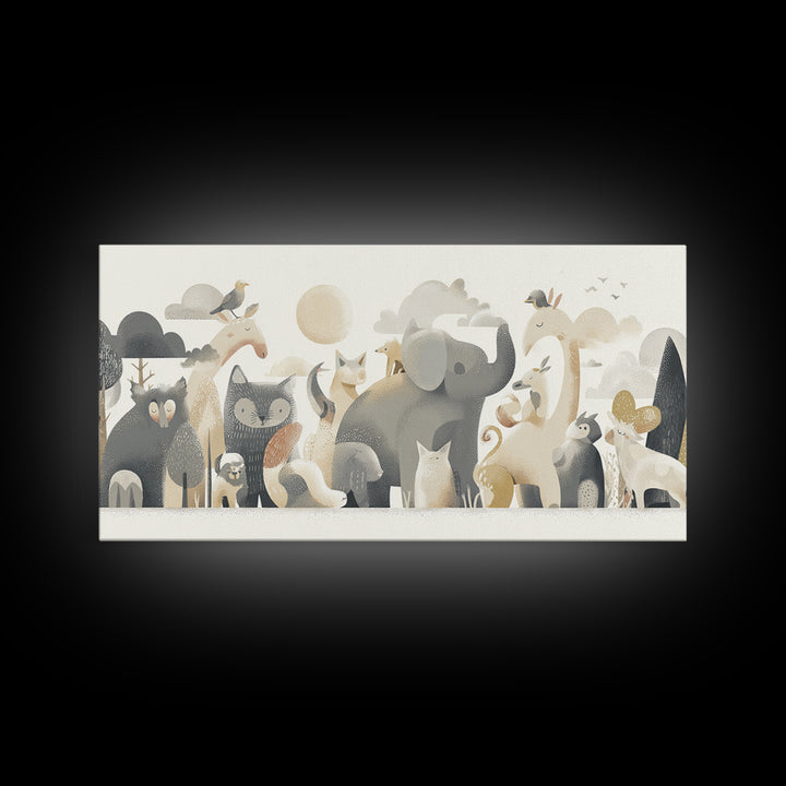 Woodland Animal Parade Framed Canvas Print, Nursery Decor, Wall Decor, Nursery, Woodland Nursery Decor, Nursery Prints, NDE-2x1-46