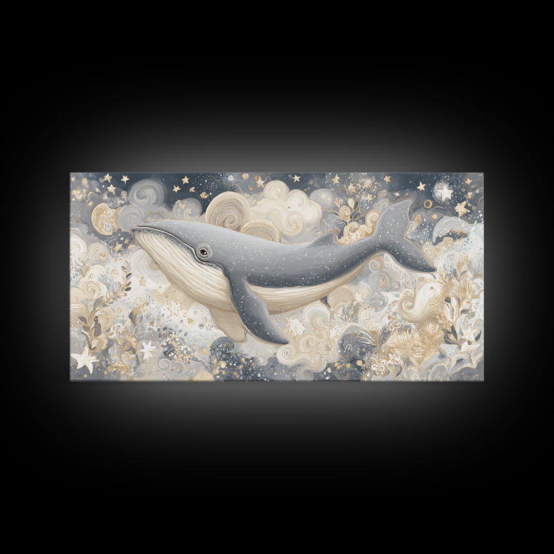 Baby Whale Swimming Through Stars Canvas Print, Nursery Decor, Canvas, Fine Art, Nursery, Playroom Decor, Floral Wall Art, NDE-2x1-52