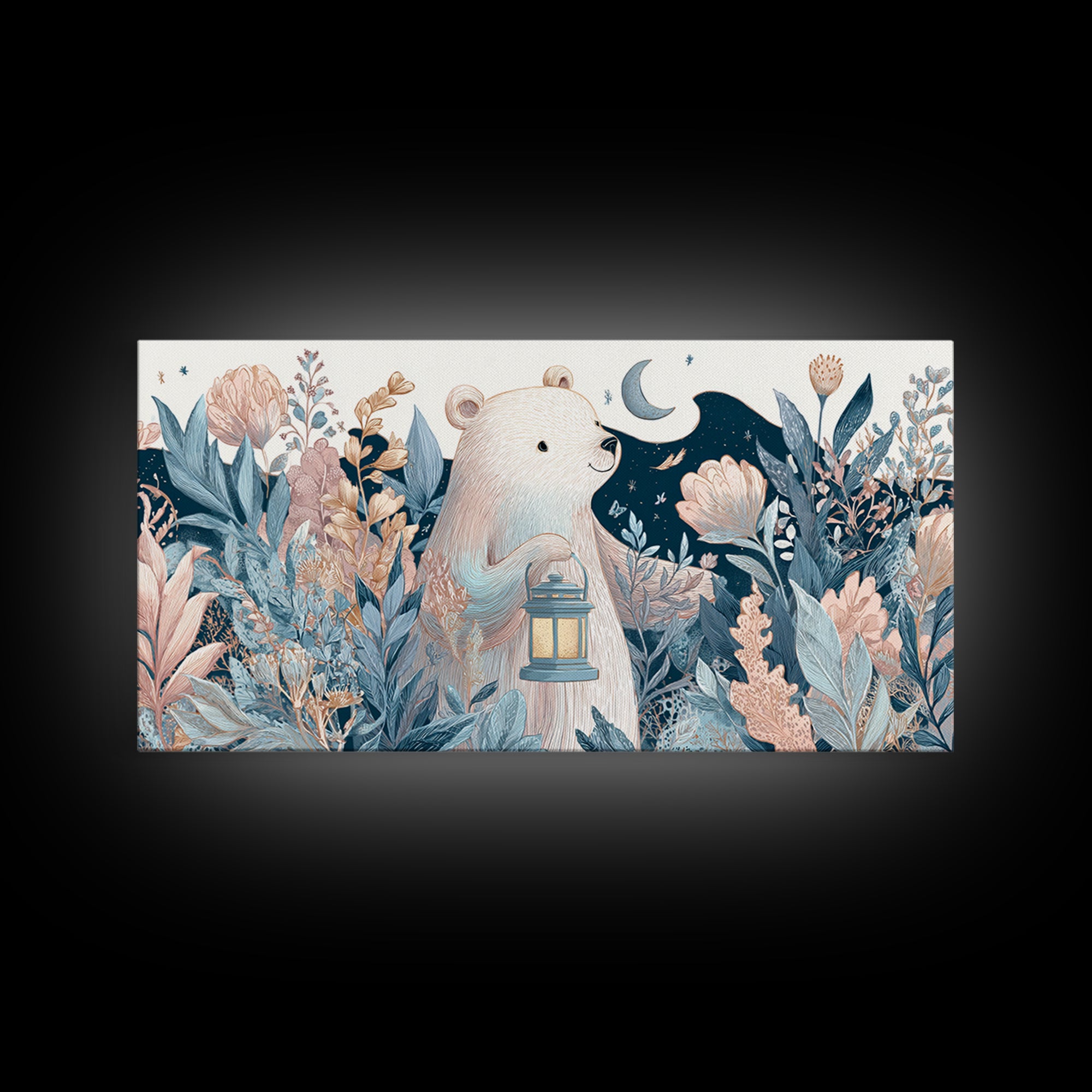 Storybook Bear with Little Lantern Canvas Print, Nursery Decor, Wall, Oil Painting, Nursery, Nursery Wall Decals, NDE-2x1-53