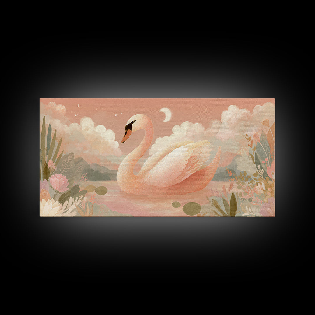 Pink Swan on Calm Pond Canvas Print, Nursery Decor, Wall Decal, Fine Art, Nursery, Wall Light, Baby Girl Nursery Decor, NDE-2x1-57