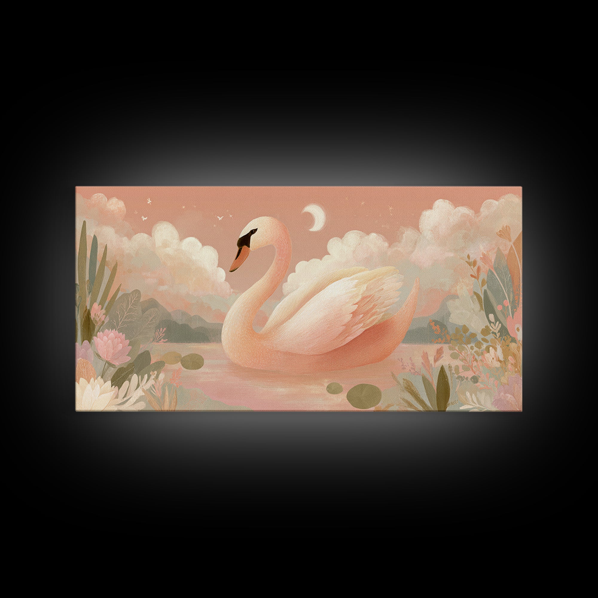 Pink Swan on Calm Pond Canvas Print, Nursery Decor, Wall Decal, Fine Art, Nursery, Wall Light, Baby Girl Nursery Decor, NDE-2x1-57