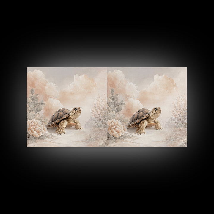 Tiny Turtle with Sea Plants Canvas Print, Nursery Decor, Floral Wall Art, Fine Art, Nursery, Gallery Decor, Neutral Decor, NDE-2x1-63